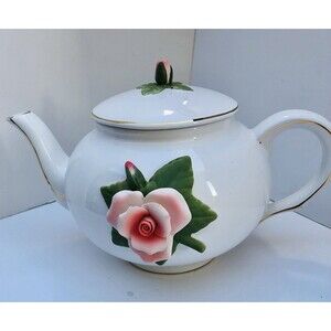 Teleflora Gift Peach Rose vintage Teapot Porcelain white with Gold Trim